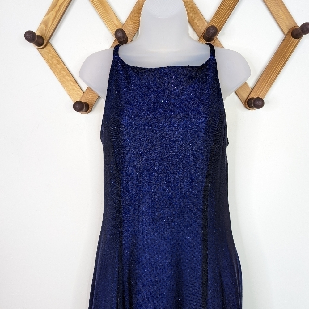 Betsy & Adam Y2k Sequin Mesh Blue A-Line Maxi Dre… - image 4